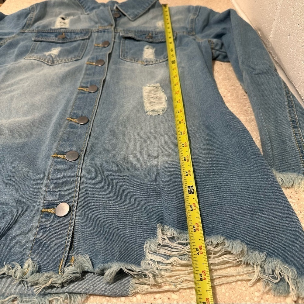 NEW Raw Hem Denim Cotton Jean Jacket Distressed Frayed Hem Front Button Closure - Picture 13 of 16